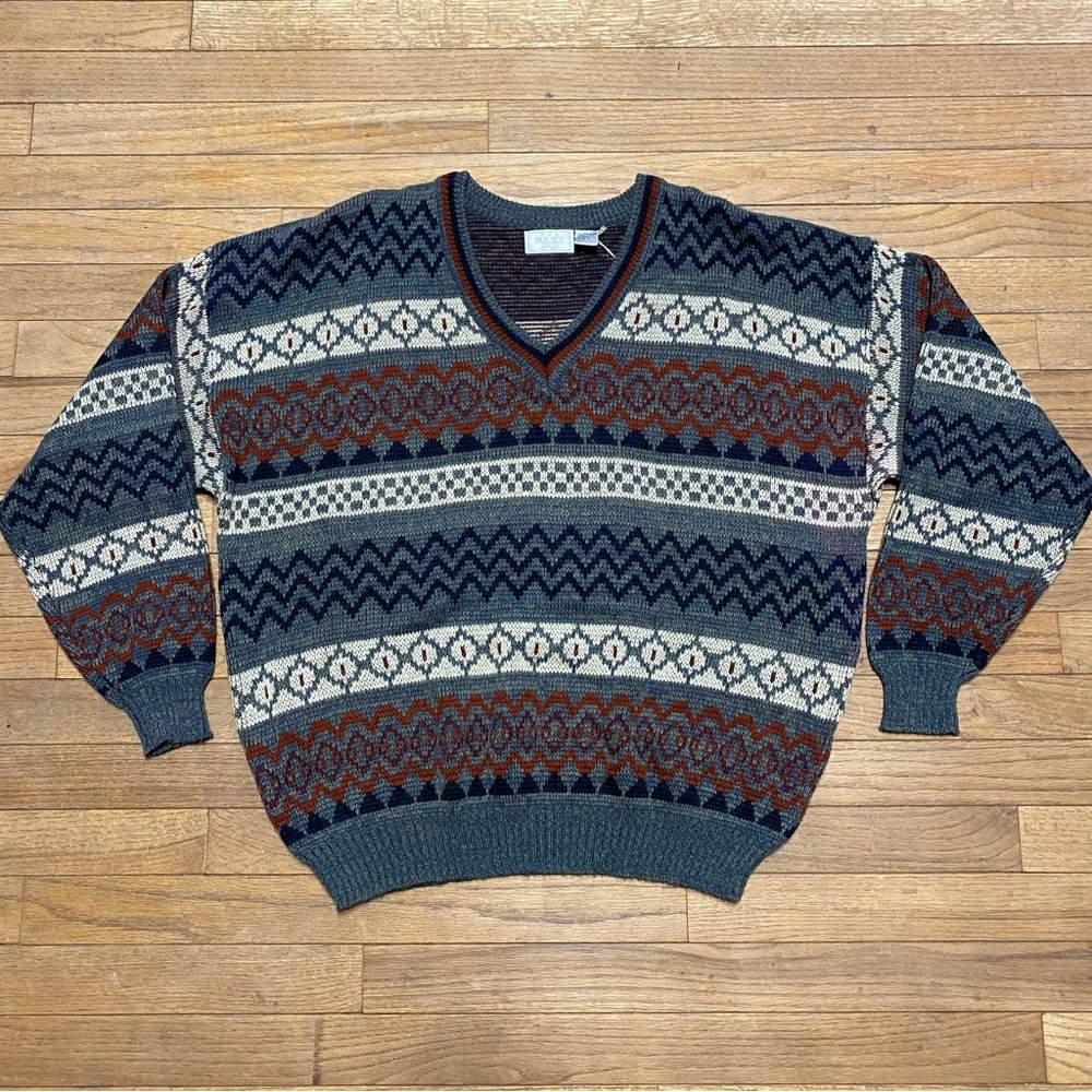 Vintage Sears The Men's Store Men's 2XL Double Knit Christmas Sweater V-neck